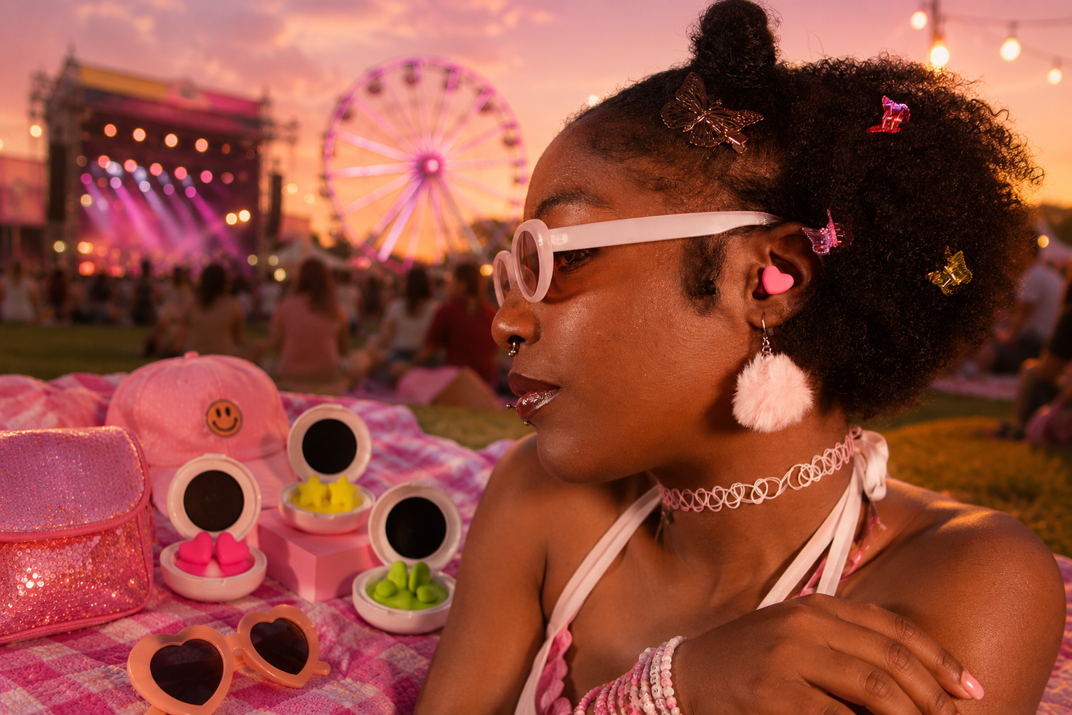 Woman wearing Charm'd Love Hearts Earplugs at a summer music festival.